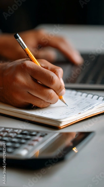 Fototapeta Person writing with pencil on notebook near calculator and laptop image