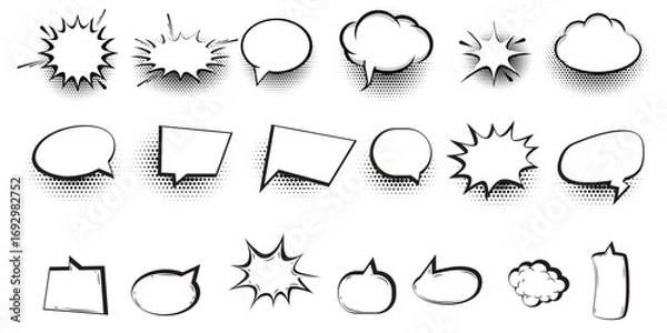 Fototapeta Collection of hand drawn sketchy speech bubbles and explosion shapes for comics and design  vector  illustration white background