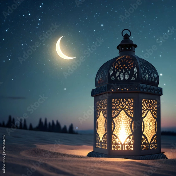 Fototapeta ramadan lantern glowing with crescent moon