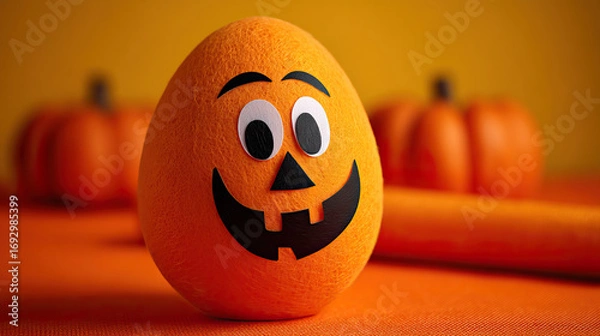 Fototapeta Halloween egg craft with festive orange pumpkin face and blurred pumpkins in background creating joyful seasonal decoration for autumn celebration