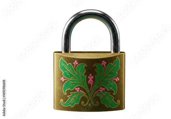 Obraz Ornate antique brass padlock with green floral enamel design isolated on transparent background