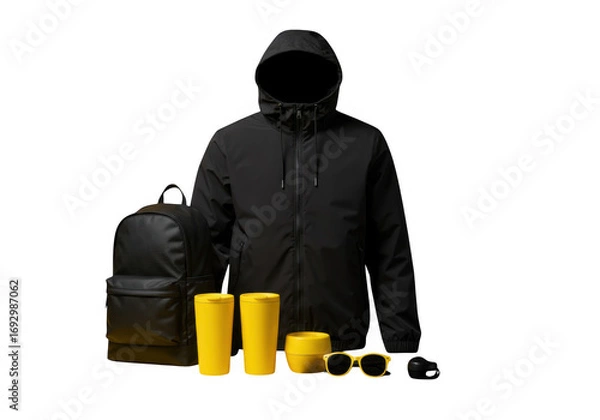 Obraz Dark hooded jacket backpack sunglasses and yellow containers isolated on transparent background