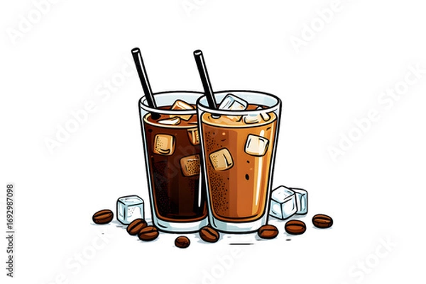 Fototapeta Iced coffee in glass with straw isolated on transparent background, refreshing summer drink concept
