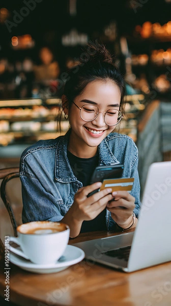 Fototapeta Young woman smiling while using phone and credit card with coffee and laptop image