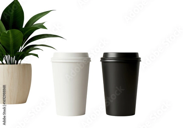 Obraz Two disposable paper coffee cups one white and one black isolated on transparent background