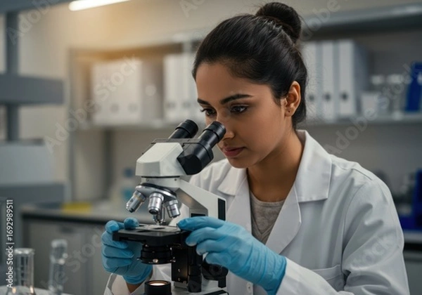 Fototapeta Focused Woman Scientist Using Microscope in Lab Wearing Blue Gloves