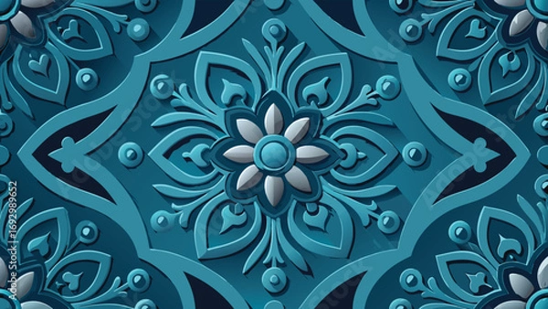 Fototapeta Teal and White Embossed Floral Pattern with Deep Shadows vector illustration