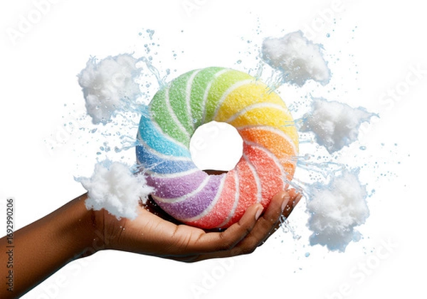 Obraz Hand holding a vibrant rainbow colored donut with fluffy white clouds isolated on transparent background