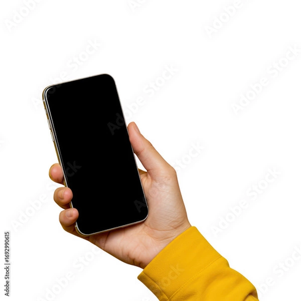 Obraz Hand holding a modern smartphone with a black screen isolated on transparent background