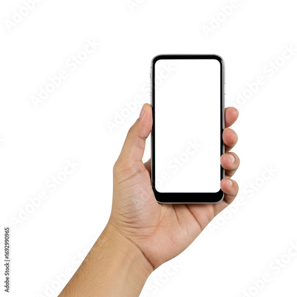 Obraz Human hand holding a modern smartphone with a blank gray screen isolated on transparent background