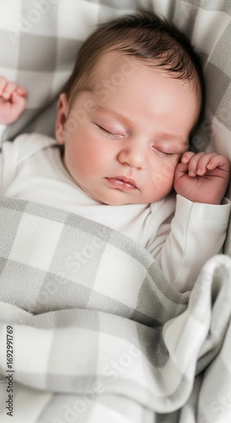 Fototapeta Close-up of a sleeping newborn baby wrapped in a grey and white checkered blanket, showcasing innocence, purity and peaceful sleep