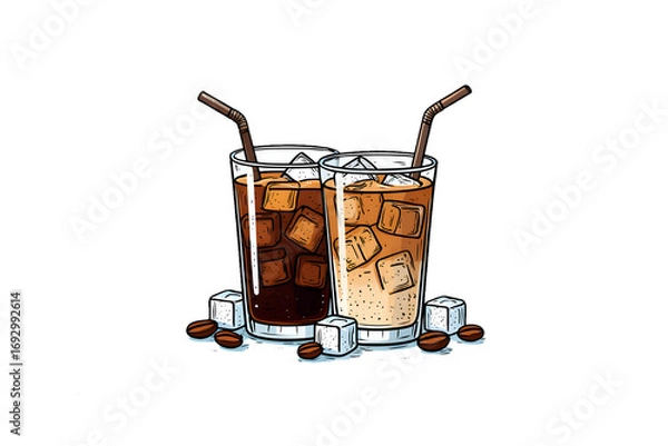Fototapeta Two glasses of iced coffee with ice cubes and coffee beans isolated on transparent background illustration