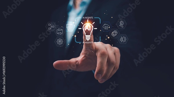 Fototapeta Businessman touching holographic AI agents light bulb icon with digital interface. Concept of artificial intelligence assistant, automation, innovation, data analysis, and future technology.