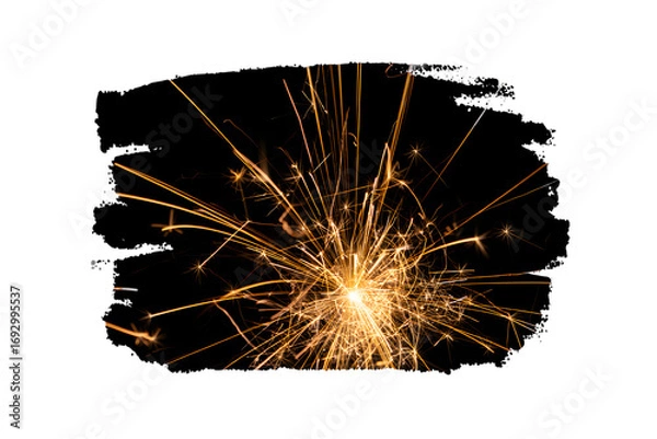 Fototapeta Golden sparks burst from a dark center, painted with a rough brushstroke, isolated on transparent background