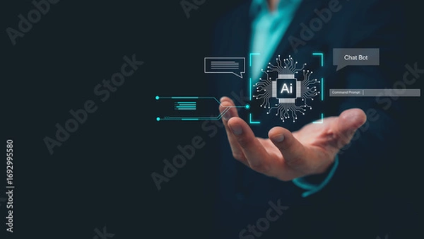 Fototapeta Businessman presenting holographic AI chip with digital interface and chatbot icons. Concept of artificial intelligence, automation, cutting-edge technology, and future innovation.