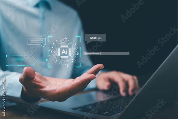 Fototapeta Businessman presenting AI chatbot hologram with digital circuit design. Concept of artificial intelligence assistant, virtual communication, automation, data processing, and modern technology.
