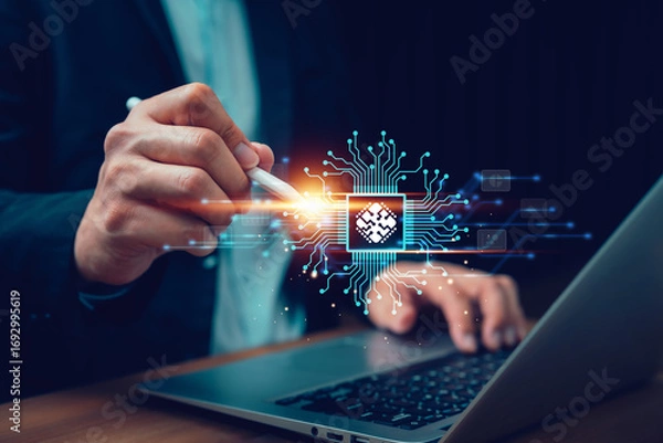Fototapeta Businessman using digital pen with holographic microchip and circuit board above laptop. Concept of artificial intelligence, computing, processor technology, digital innovation, and future business.