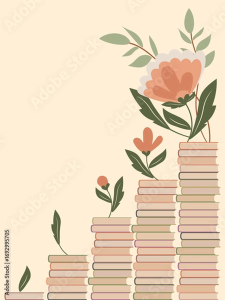 Fototapeta Stacks of books with concept of prosperity and ascent to knowledge. Vector