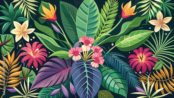 Fototapeta Vibrant Tropical Leaves and Flowers on Dark Background vector illustration