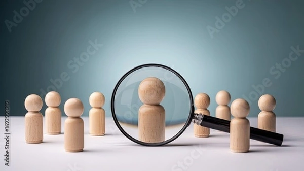 Fototapeta Identifying the Ideal Candidate: A magnifying glass focuses on one unique wooden figure, symbolizing precision and clarity in the selection process.