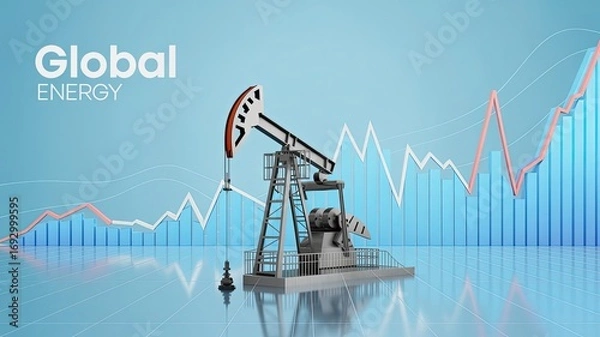 Fototapeta Global Energy: An illustration depicts the energy sector with an oil pump, and a visual of financial growth, symbolizing market trends and the essence of global energy.