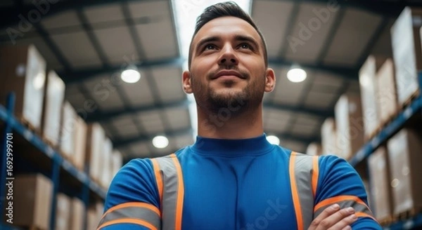 Fototapeta Warehouse Worker Looking Up with Optimism