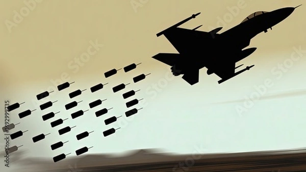Fototapeta Air Combat Silhouette: A sleek fighter jet silhouetted against a dusky sky, releasing a barrage of missiles, depicting the raw power and decisive action of aerial warfare.