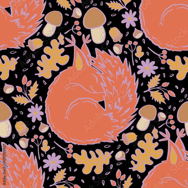 Fototapeta Seamless autumn pattern with curled squirrels, mushrooms, acorns, leaves, berries, and flowers.Whimsical fall woodland design perfect for textiles, stationery, wrapping, packaging and seasonal decor.