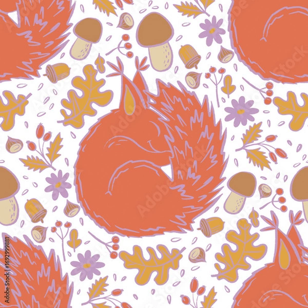 Fototapeta Seamless autumn pattern with curled squirrels, mushrooms, acorns, leaves, berries, and flowers.Whimsical fall woodland design perfect for textiles, stationery, wrapping, packaging and seasonal decor.