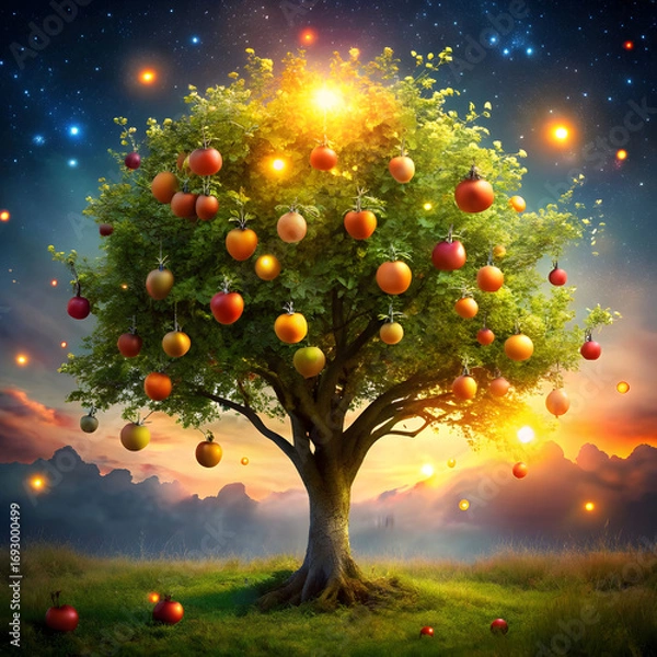 Fototapeta tree with glowing fruits floating in air magic