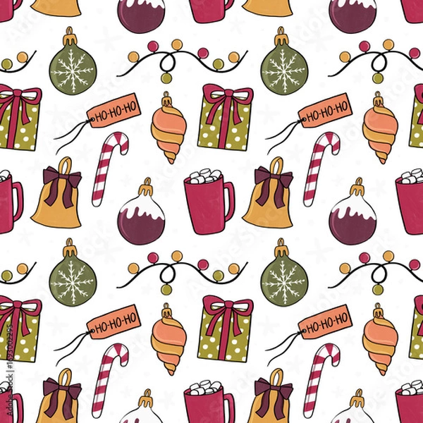 Fototapeta Seamless Christmas pattern with candy canes, ornaments, gifts, bells, lights, mugs, and snowflakes. Seasonal repeated background. Perfect for seasonal projects, wrapping paper, packaging and decor.