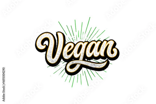 Fototapeta The word vegan in a stylized font with green rays isolated on transparent background, promoting plant based diet