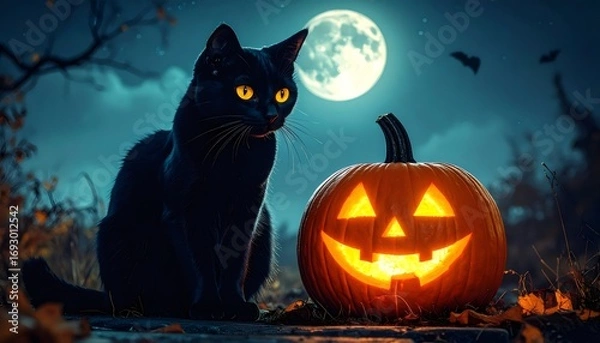 Fototapeta Black cat sitting next to a jack-o'-lantern under the full moon on halloween night