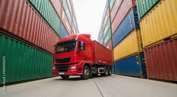 Fototapeta Red semi-truck carrying cargo container moving down a lane bordered by stacked cargo containers on both sides, conveying trade and logistics.