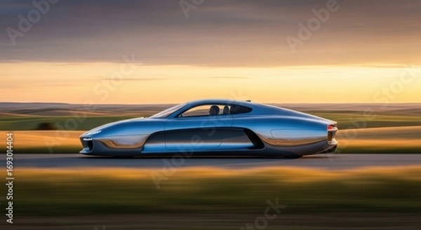 Fototapeta Sleek silver car glides along a highway against a backdrop of rolling fields and a golden sunset, hinting at speed and elegant design.