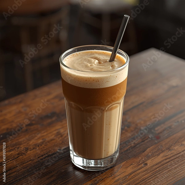 Fototapeta Premium Cold Coffee with Straw on Wooden Table – Front View