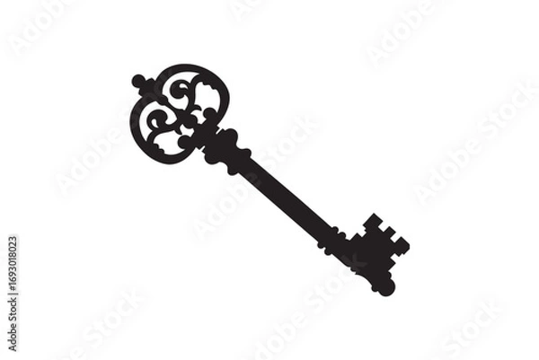 Obraz Ornate antique skeleton key silhouette isolated on a white background representing access and mystery