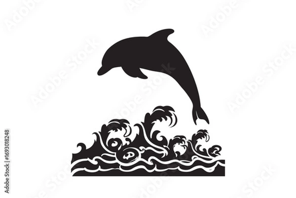 Obraz A dynamic black silhouette of a dolphin leaping joyfully out of stylized ocean waves representing freedom and the sea silhouette