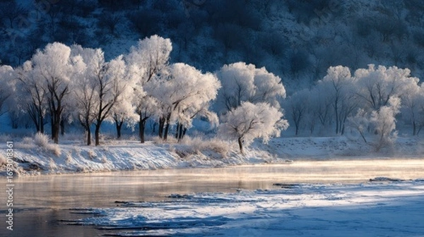 Fototapeta Winter Wonderland: Frost-Covered Trees by a Serene River