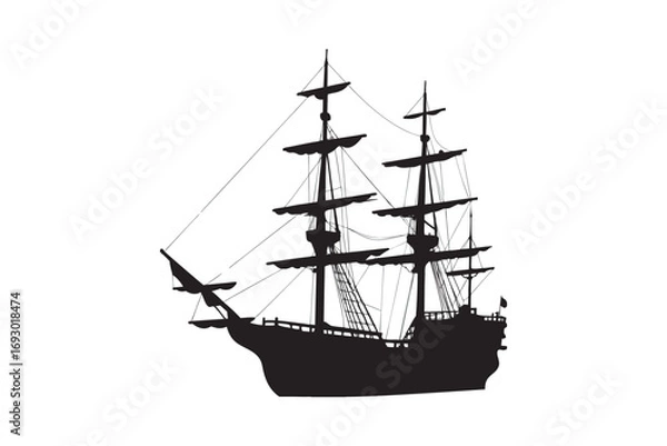 Obraz Dramatic black silhouette of a tall ship with sails unfurled sailing on the ocean with a bird flying nearby silhouette