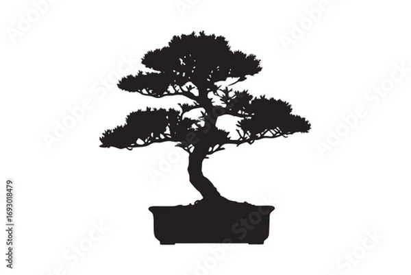 Obraz A detailed black silhouette of a mature bonsai tree with a curved trunk in a rectangular pot on a white background silhouette