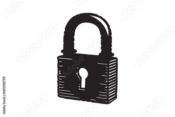 Obraz A vintage weathered black padlock with a classic keyhole depicted in a striking silhouette style on a white background