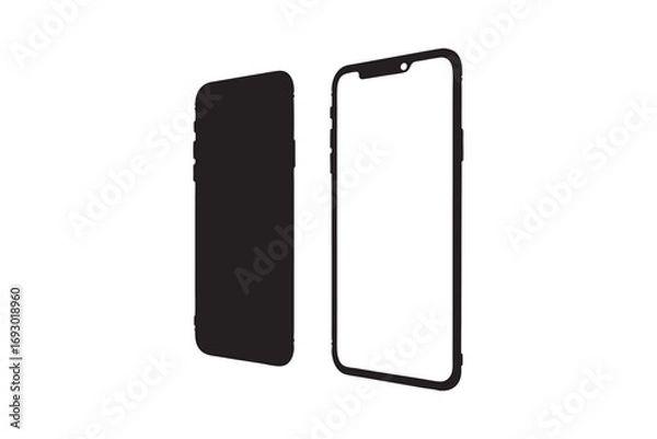 Obraz Two smartphone outlines one solid black silhouette and one empty white frame on a white background silhouette