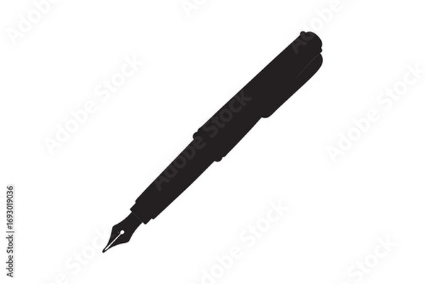 Obraz A classic fountain pen with a nib and cap depicted as a stark black silhouette on a white background symbolizing writing and creativity silhouette