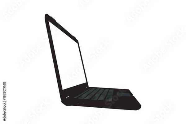 Obraz A modern laptop computer shown in a stark black silhouette against a clean white background symbolizing technology and digital connection silhouette