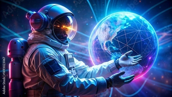 Fototapeta Astronaut holding glowing Earth, exploring cosmic digital network for future global connection