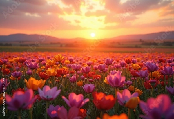 Fototapeta Vibrant Blossom-Filled Field at Sunset with Breathtaking Horizon and Colorful Floral Display
