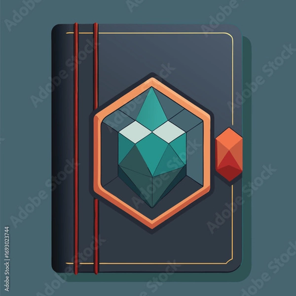 Fototapeta Stylized vector illustration of a magical spellbook with a geometric crystal emblem on a dark background