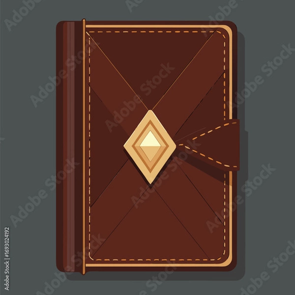 Fototapeta Vector illustration of a vintage leather journal with a diamond clasp design on a dark gray backdrop.