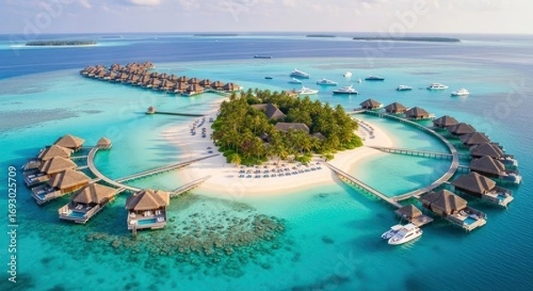 Fototapeta Tropical island resort with palm trees buildings and numerous overwater villas on clear turquoise water connected by walkways White sand beaches and boats